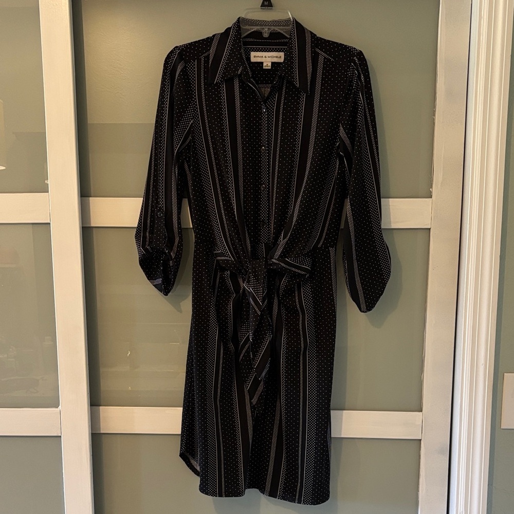 Emma & Michele Black Striped Shirt Dress with Dot Accents